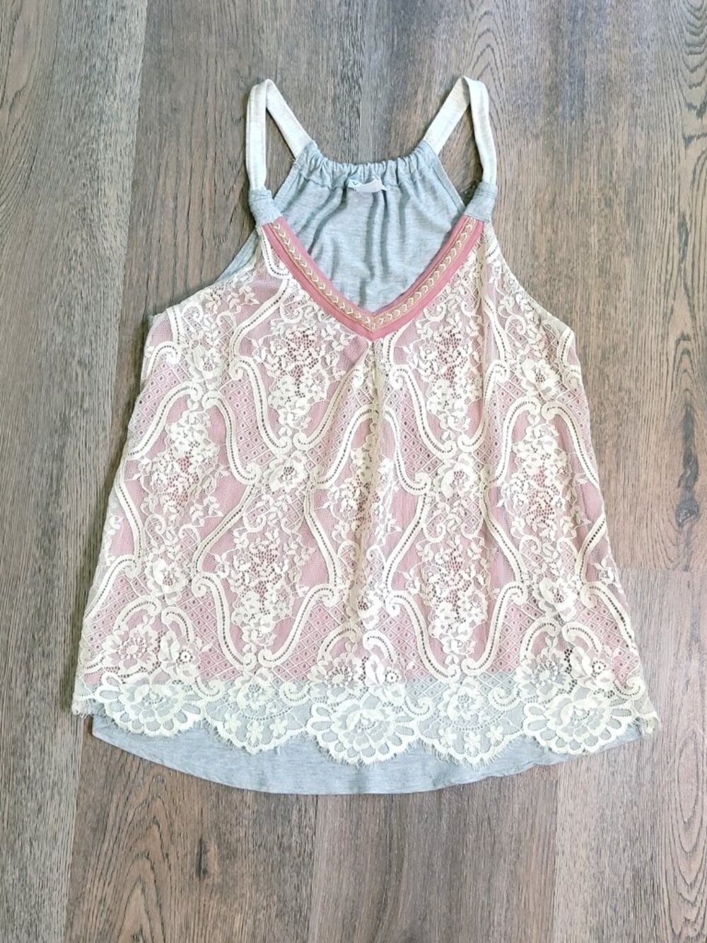 Venus Lace Tank Top Womens Medium V-Neck Racerback Pink Gray Ivory Boho Romantic